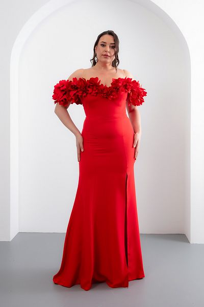 Lafaba Women's Red Shoulder Detailed Plus Size Evening Dress