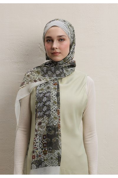 Fresh Silk Crepe Shawl, Ethnic Figure Patterned Khaki