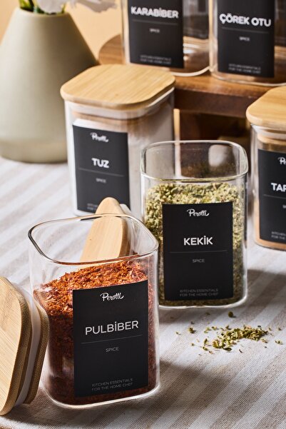 Perotti Gildo 12-Piece Bamboo Lid Borosilicate Glass Spice Jar 200 ml 8X6 cm 30 Labels Gift