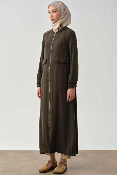 Tuğba Kapüşonlu Fermuar Kapamalı Ferace - Haki