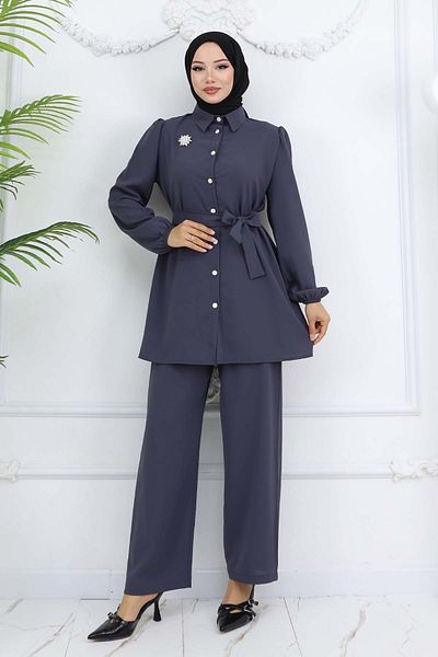 benguen Belted Double Suit with Pearl Brooch Anthracite 4768