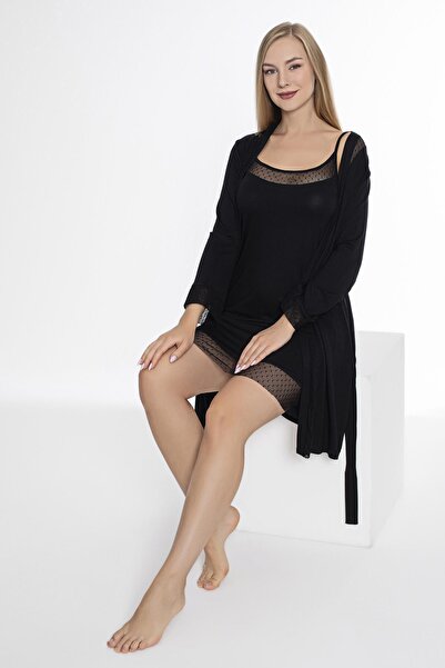 CONFEO Set cămașă de noapte și rochie neagră cu bretele subțiri pentru femei C5T5N7O-048