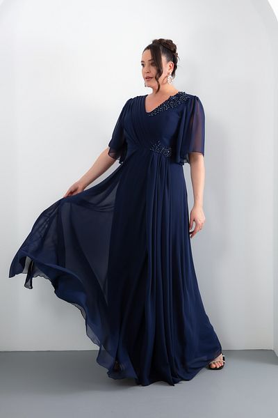 Lafaba Women's Navy Blue V-Neck Stone Plus Size Long Chiffon Evening Dress