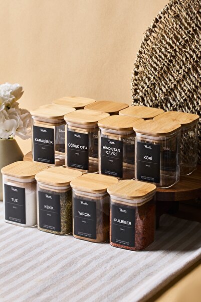 Perotti Gildo 12-Piece Bamboo Lid Borosilicate Glass Spice Jar 200 ml 8X6 cm 30 Labels Gift