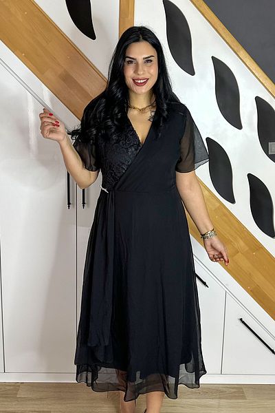 GÖKSEL Double Breasted Half Sleeve Dress - Black