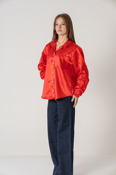 VerdeBlanco Red Pocket Detailed Satin Shirt