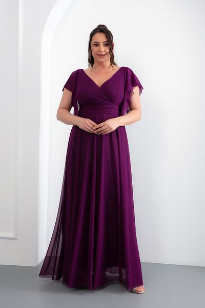 Lafaba Women's Plum V Neck Short Sleeve Plus Size Long Evening Dress