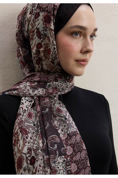 Fresh Ethnic Figure Pattern Silk Crepe Shawl Rosewood
