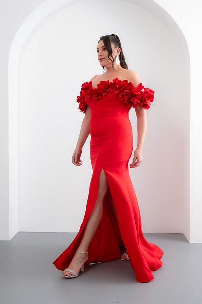 Lafaba Women's Red Shoulder Detailed Plus Size Evening Dress