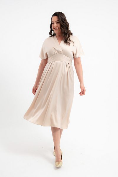 Lafaba Women's Beige Double Breasted Collar Waist Belted Satin Plus Size Midi Dress