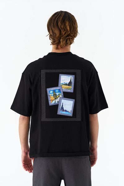 fame-stoned Vincent Van Gogh Printed Unisex 100% Cotton Embroidered Black T-Shirt