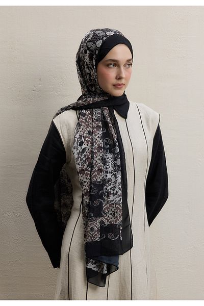 Fresh Ethnic Figure Pattern Silk Crepe Shawl Black