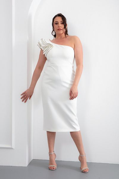 Lafaba Women's White One Shoulder Plus Size Midi Evening Dress