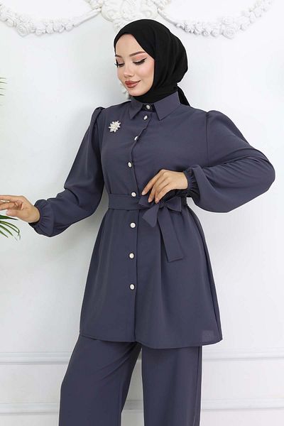 benguen Belted Double Suit with Pearl Brooch Anthracite 4768