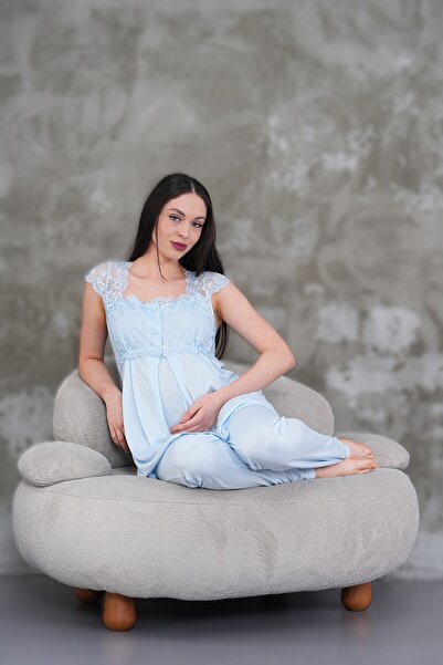 Genel Markalar Kadın Mavi Dantel Tasarım Pamuklu Lohusa Hamile Pijama Takım