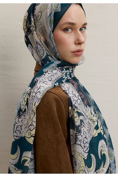 Fresh Poppies Pattern Silk Crepe Shawl Dark Green