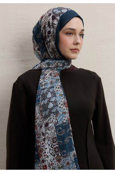 Fresh Ethnic Figure Pattern Silk Crepe Shawl Petrole