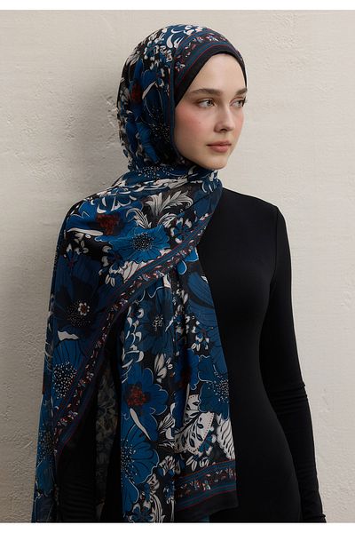 Fresh Dahlia Pattern Silk Chiffon Shawl Night Blue