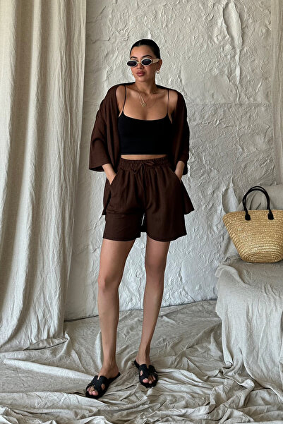 Know Women's Brown Kimono Shirt Shorts Top and Bottom Set