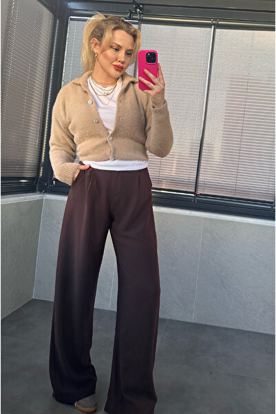 MİR STORE Yaka Detaylı Gümüş Taş Düğmeli Camel Hırka