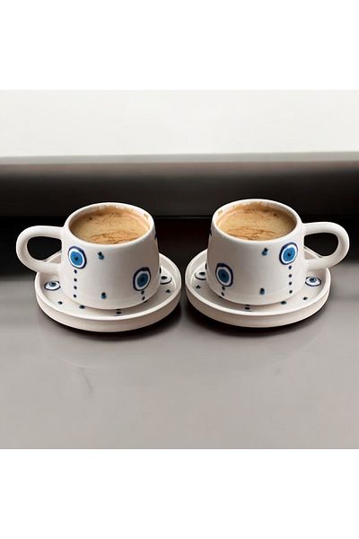 İlbay Çini Takı Ceramic Handcrafted Drop Evil Eye 2 Plates 2 Cups