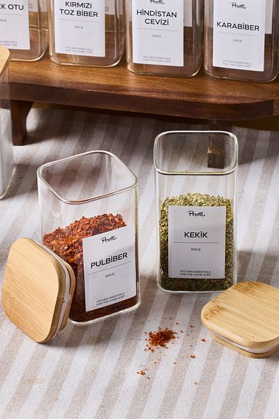 Perotti Gildo 12 Li Bamboo Lid Borosilicate Glass Spice Rack 250 ml 10X6 cm 30 Tags Gift