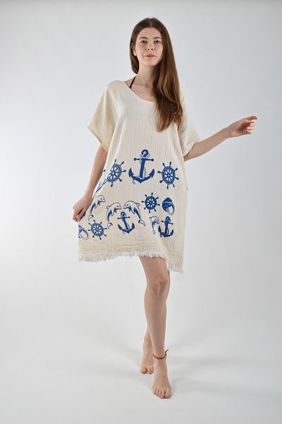 REİNA TEKS Muslin Beach Dress Anchor Pattern Στρογγυλή λαιμόκοψη 1 Τεμάχιο