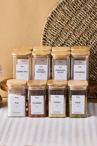 Perotti Gildo 12 Li Bamboo Lid Borosilicate Glass Spice Rack 250 ml 10X6 cm 30 Tags Gift