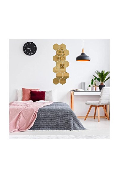 Numa Concept Hexagonal Honeycomb 12-Piece Mirrored Gold Plexi Wall Decoration Laser Cut 10X10 cm