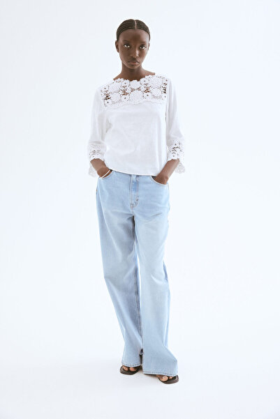 H&M Keten Karışımlı ve İşlemeli Bluz