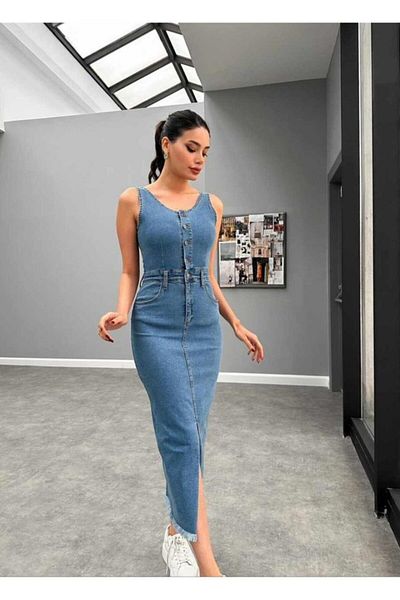 Viyamo Rochie gilet din denim albastru din Lycra