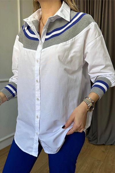 FEMELLE Cămașă de damă, albastru, alb, tricot, casual, din bumbac