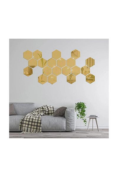 Numa Concept Fagure Hexagonal 12 Bucuri Decoratiuni Perete Plexi Auriu Oglinda Taiat Laser 10x10 Cm