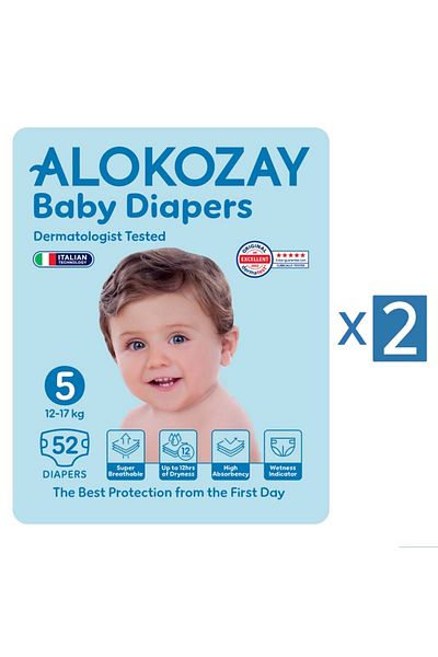 Alokozay Premium Baby Diapers - Size 5 (12-17 Kg) - 52 Diapers X Pack of 2