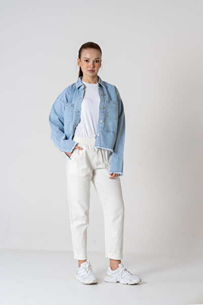 VerdeBlanco Havuç Kesim Paçası Püsküllü Müslin Pantolon Beyaz