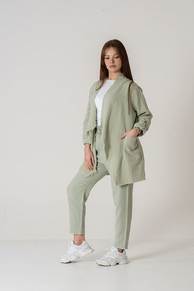 VerdeBlanco 100% Cotton Shawl Collar Cardigan and Trousers Set Mint Green