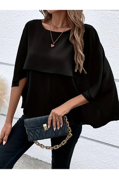 Moda Asmira Women's Asymmetrical Cape Sleeves Round Neck Loose Sandy Blouse