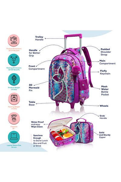 Eazy Kids مجموعة من 4 حقائب مدرسية بعجلات مقاس 18 بوصة مع زجاجة مياه وحقيبة غداء وحافظة أقلام - أرجواني حورية البحر