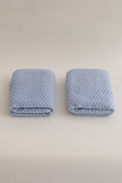 Koza Home Ivory Blue Embossed Textured Micro Fiber 100% Cotton 2 Piece Bath Towel Set 50 X 90 - 70 X 140 1118A