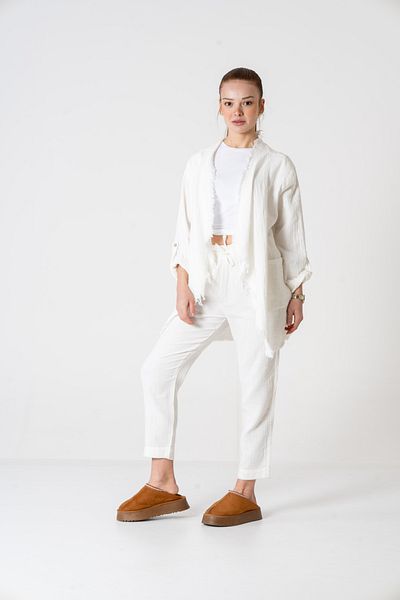 VerdeBlanco 100% Cotton Shawl Collar Cardigan and Pants Suit White