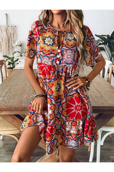 Viyamo Women's Short Sleeve Collar Lace-Up Patterned Ruffled Single Jersey Dress