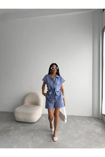 Kokosh moda Linen Tie-Up Sleeveless Shirt - Double Leg Shorts Set - Navy Blue