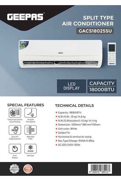 Geepas Split Type Air Conditioner- GACS18025CU/ 18000 BTU Capacity