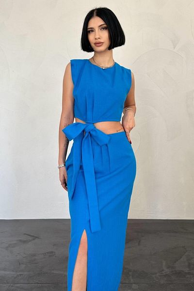 Modayakamoz Turquoise Belted Crop and Skirt Set
