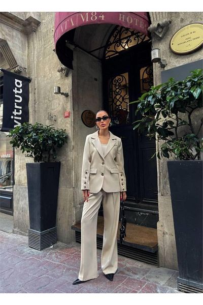 modaserdem Sleeve 4 Buttons - Büsti̇Yerli̇ 3 Jacket Pants Suit - Beige