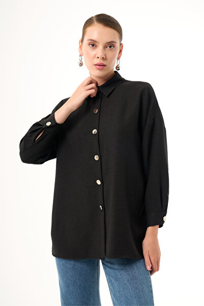 Mizalle Keten Dokulu Over Siyah Tunik