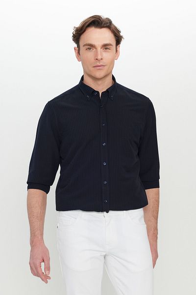ALTINYILDIZ CLASSICS Ανδρικό πουκάμισο με μοτίβο μπλε Navy Slim Fit με κουμπιά με γιακά Dobby Seersucker