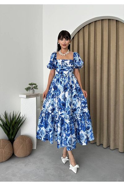 LİNEBUTİK Balloon Sleeve Floral Printed Maxi Length New Season Dress