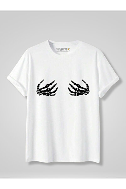 WEARTEX Women's Skeleton Hands Printed Crew Neck Oversize Basic T-Shirt