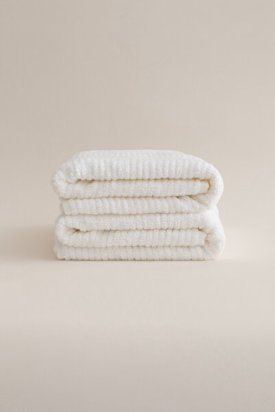 Koza Home Ivory White Ribbed Micro Fiber 100% Cotton 2 Piece Bath Towel Set 50 X 90 - 70 X 140 1125A